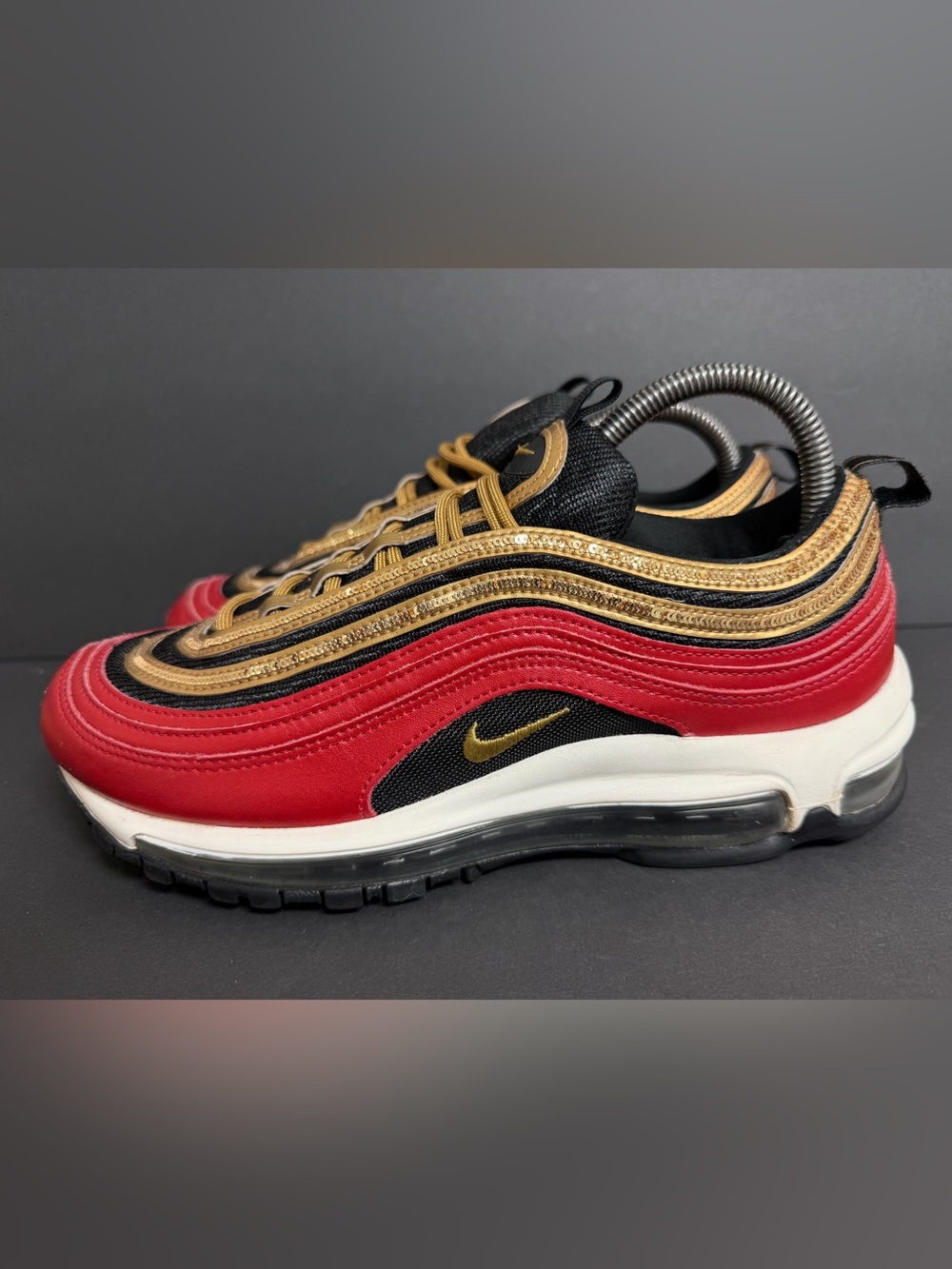 Women’s Nike Air Max 97 Gold Sequin Red Running Shoes CT1148-600 Size 9